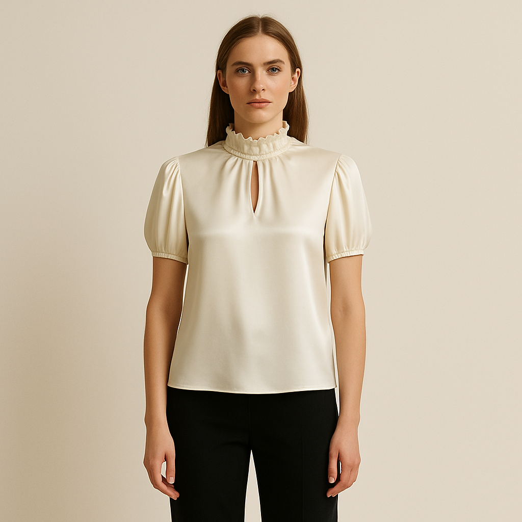 Satinbluse in Creme mit Schlüsselloch-Ausschnitt