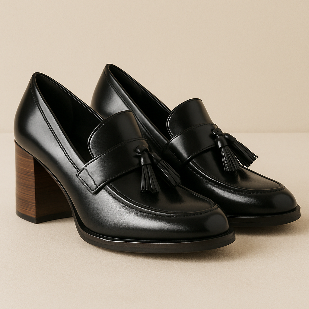 Schwarze Loafer mit Absatz und Quasten-Detail